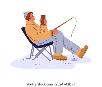 Vector illustration of a young man fishing in an ice hole, drinking a hot drink and enjoying solitude in the winter season by a frozen river on a white background