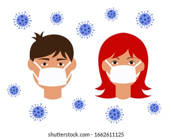 vector illustration young man and girl in medical masks protection from the virus, coronavirus epidemic concept, caution and self-defense stop the virus
