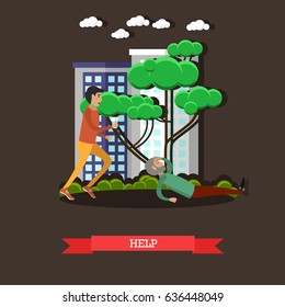 Vector illustration of young man giving glass of water to lying on the ground elderly man. Help concept design element in flat style.