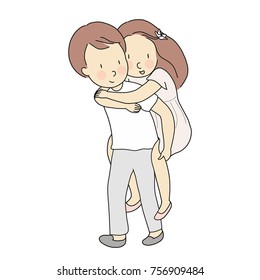 Vector illustration young man giving piggy  back ride to his girlfriend  Happy valentine day  love couple  pre wedding concept  Cartoon character drawing style 