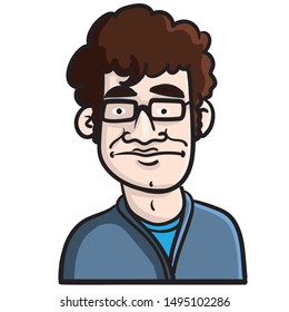 Vector illustration of a young man with glasses and blue sweater looking moody and unsure.