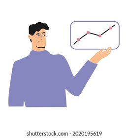 Vector illustration of young man with glasses in blue sweater showing an indicator growth graph