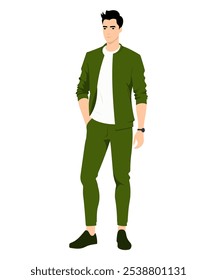 Vector illustration. Young man. Green jacket and white T-shirt create a stylish but casual look.