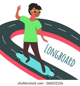 Vector illustration with young man in green t-shirt, which is riding a longboard on the road
