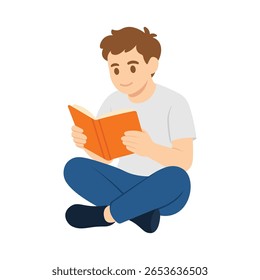 Vector illustration of a young man happily reading an orange book. He is seated cross-legged, wearing blue jeans and a white t-shirt.