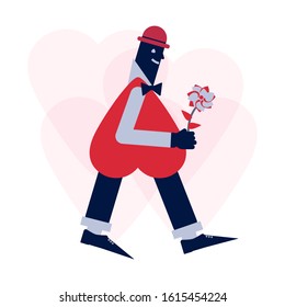 Vector illustration of a young man in a hat with a body in the form of a heart, which carries a flower in his hands. The concept of celebrating Valentine's Day, love and relationships. Flat design.
