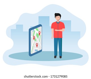 Vector illustration of a young man with a headset standing next to a phone