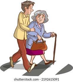 Vector Illustration Of Young Man Helping Old Woman At Crosswalk