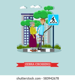 Vector illustration of young man helping elderly woman to cross the street. Voluntary organization services concept design element in flat style.