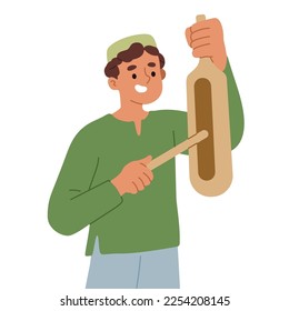 
vector illustration of young man hitting a sounding instrument made of bamboo and wood