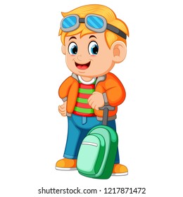 vector illustration of Young man holding travel bag and using glasess