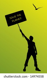 Vector illustration of a young man holding a Save the planet sign