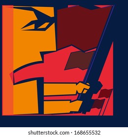 vector illustration of a young man holding a flag