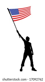 vector illustration of a young man holding a flag of usa