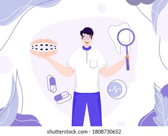 Ilustración vectorial de un joven que sostiene vidrio de aumento con cordones de dientes y medicinas de fondo blanco.