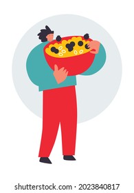 Vector illustration with young man holding huge sweet breakfast.Funny colored typography poster, apparel print design, bar menu decoration. Isolated. EPS 10. 