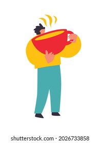 Vector illustration with young man holding huge mug tea.Funny colored typography poster, apparel print design, bar menu decoration. Isolated. EPS 10. 