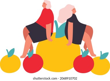 Vector illustration with young man  holding huge fruit mandarin. Tangerine lover concept. Funny colored typography poster, apparel print design, bar menu decoration. Isolated EPS 10. 