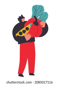 Vector illustration with young man holding huge vegetables. Vegetables lover concept. Funny colored typography poster, apparel print design, bar menu decoration. Isolated. EPS 10. 
