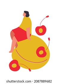 Vector illustration with young man holding huge fruit. Apricot, cherry fruit lover concept. Funny colored typography poster, apparel print design, bar menu decoration. Isolated. EPS 10. 