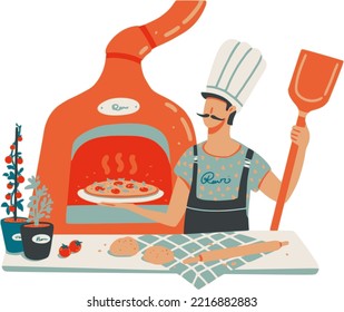 Vector illustration with young man holding pizza. Napoleon Italian Pizza with fresh mozzarella and basil leaves. True Italian Traditional Pizza Margherita. Simple vector print design, bar menu.