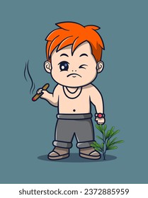 ilustración vectorial de un joven sosteniendo un cigarrillo con plantas alrededor. concepto de icono de estilo de vida