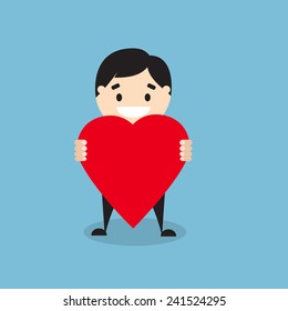 Vector illustration of the young man holding the red heart in the hands.  Flat design