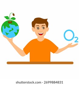 Vector illustration of a young man holding the Earth with a growing tree sprout and the O₂ symbol. Perfect for concepts of ecology, sustainability, education, and protecting the world's environment.