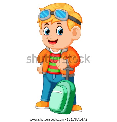 vector illustration of Young man holding travel bag and using glasess