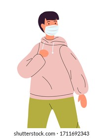 Vector illustration of young man in hoodie wearing face medical mask. Viral pandemic, protection against infection of covid19. Coronavirus 2019-ncov flu. Respiratory protection from virus pandemia