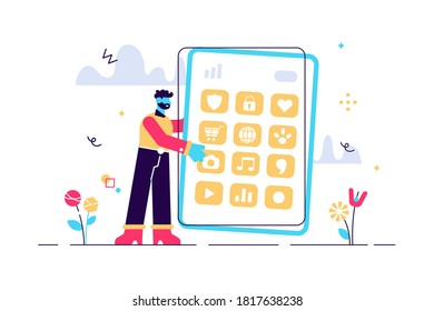 Ilustración vectorial del joven, abraza su gran smartphone. Carácter masculino sobre fondo blanco. Diseño plano moderno ilustración vectorial para páginas web, tarjetas, afiches
