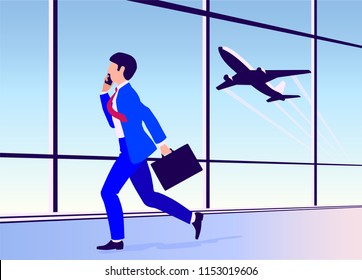 vector illustration young man hurries on a plane at the airport, flat design