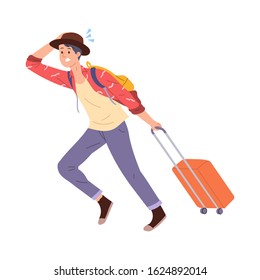 vector illustration of a young man in a hurry and panic for fear of being late to catch a plane at the airport. Anxious man ran while dragging a suitcase