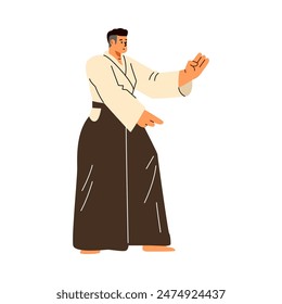 Vector illustration with a young man in a kimono, training the martial pose of masters of oriental martial arts. Image highlighted on a white background