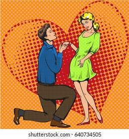 Vector illustration of young man kneeling to his girlfriend and making a proposal of marriage. Marriage proposal, heart background in retro pop art comic style.