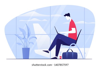 Vector illustration of a young man with laptop sitting in the departure lounge at the airport.