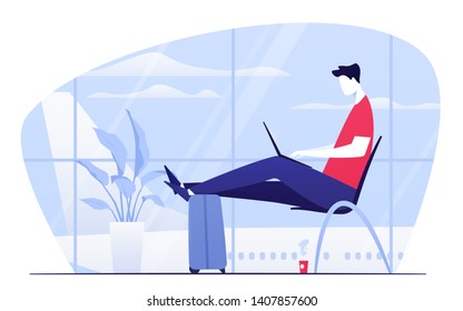 Vector illustration of a young man with laptop sitting in the departure lounge at the airport.