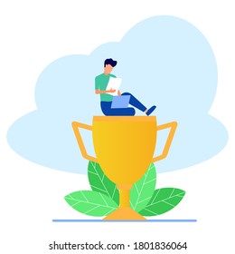 Vector illustration, young man with a laptop sitting on a trophy, motivation up, path to target achievement - Vector. 