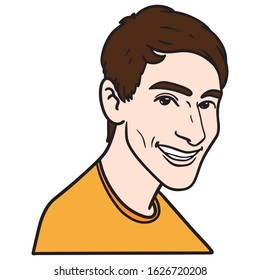 vector illustration of a young man laughing nicely at the camera. brown hair, orange t-shirt. emotion, avatar, isolated.