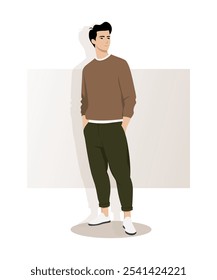 Ilustração vetorial. Um jovem em um suéter marrom claro e calças verde-escuras com punhos. A imagem combina contenção e conforto, enfatizando o estilo casual com elementos de minimalismo.