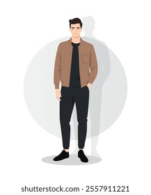 Vector illustration. A young man in a light brown jacket, white sweater and dark pants. The image emphasizes lightness and naturalness.