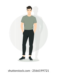 Vector illustration. A young man in a light green T-shirt and black pants. The color adds freshness and naturalness to the style.