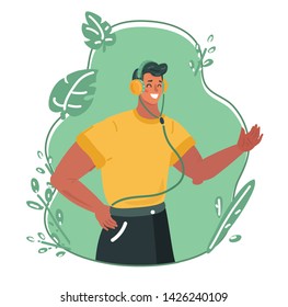 Vector illustration of Young man listening to music on green background.