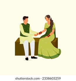 Vector Illustration of Young Man Looking at Mehndi on His Partner's Hand During Mehndi Ceremony.