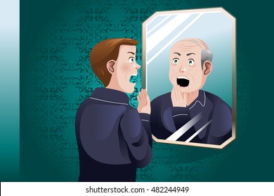 A Vector Illustration Of A Young Man Looking At An Older Himself In The Mirror