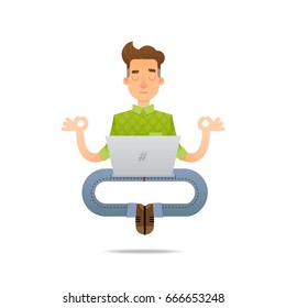 Vector illustration of a young man looking for a job or studying. Funny cartoon character of a person in a yoga pose.