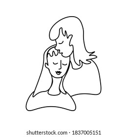 Vector illustration of a young man in love in doodle style. Lesbians kissing and hugging. Two girls on Valentine's Day black line. Design for cards, posters, articles, social networks.