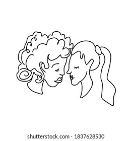 Imagen vectorial de un joven enamorado al estilo doodle. Besos y abrazos de lesbianas. Dos chicas en la línea negra del Día de San Valentín. Diseño para tarjetas, afiches, artículos, redes sociales.
