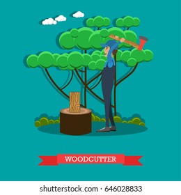 Vector Illustration of young man lumberjack chopping wood. Woodcutter flat style design element.