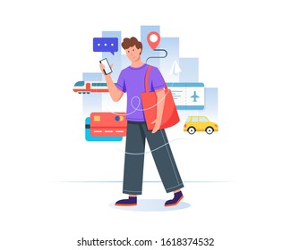 Vector illustration Young man with mobile phone booking online ticket for traveling. Concept of ordering and purchasing online transportation tickets flat vector illustration